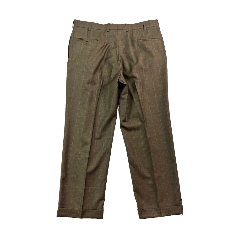 Jos A Bank 38x29 Brown Windowpane Suit Pants 100% Wool Pleated Trousers Cuffed - Picture 6 of 9